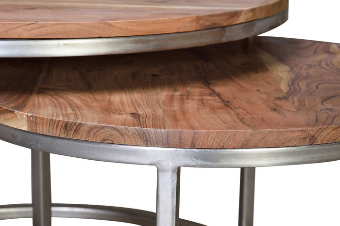 GINER Y COLOMER Set de 2 Tables Basses Nido en Bois de Mango Naturel avec Pieds en Métal - 46 cm et 39 cm de Hauteur - Finition Naturelle