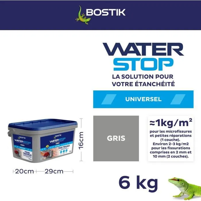 Bostik Waterstop Membrane d'étanchéité multi-travaux haute performance - 6 kg - Gris - Réparation fuites et fissures - Pour toitures, terrasses, solins
