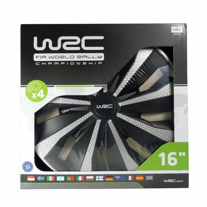 WRC Lot de 4 Enjoliveurs 16 pouces Style Carbone Noir & Gris