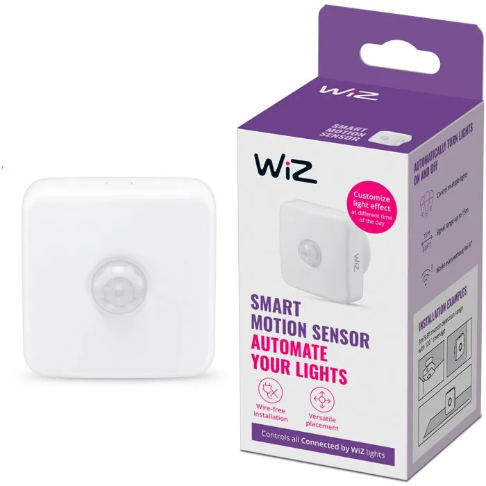 WIZ - Détecteur de Mouvement Intelligent avec Wifi - Alimentation Piles - Portée 15m, Angle 120° - Compatible Ampoules Connectées