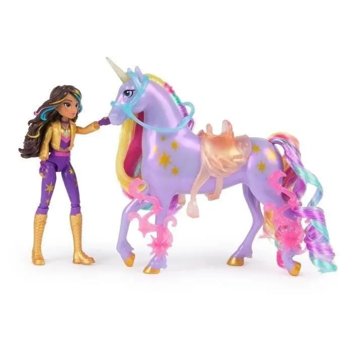 Spinmaster L'École des Licornes - Figurine Licorne Wildstar avec Poupée Sophia - 5 Accessoires Inclus - Brossage et Harnachement - Dès 4 Ans