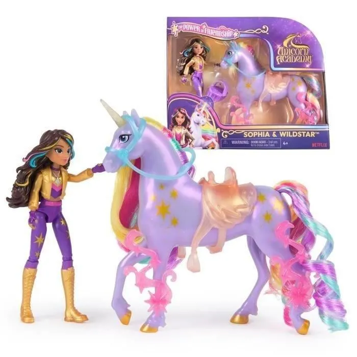 Spinmaster L'École des Licornes - Figurine Licorne Wildstar avec Poupée Sophia - 5 Accessoires Inclus - Brossage et Harnachement - Dès 4 Ans
