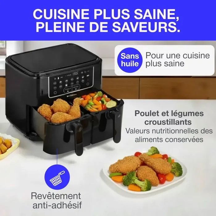 Continental Edison CERFRSH24002CB Airfryer Friteuse à air sans huile, Double bacs 9L, 2400W, Noir
