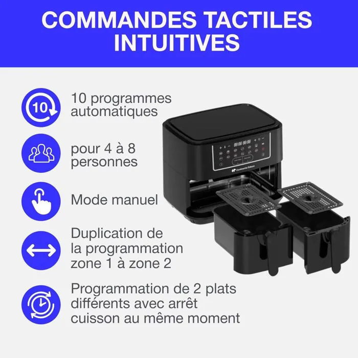 Continental Edison CERFRSH24002CB Airfryer Friteuse à air sans huile, Double bacs 9L, 2400W, Noir