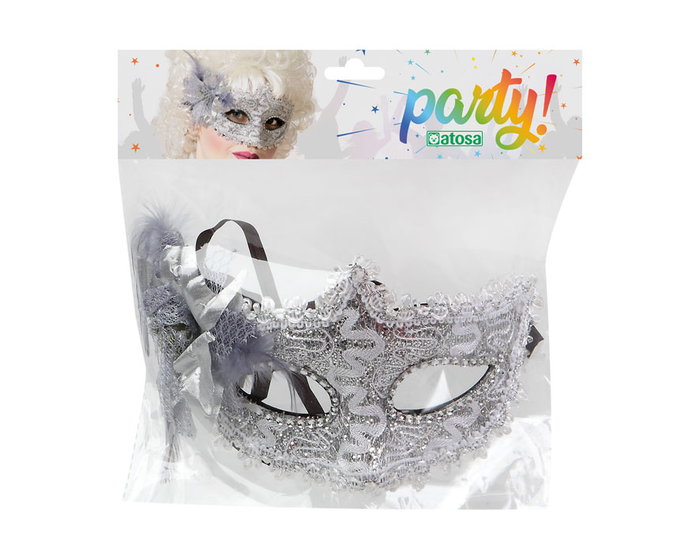 Mascara veneciana plateada avec incrustations et dentelle blanche, masque vénitien pour fêtes, carnavals et soirées costumées