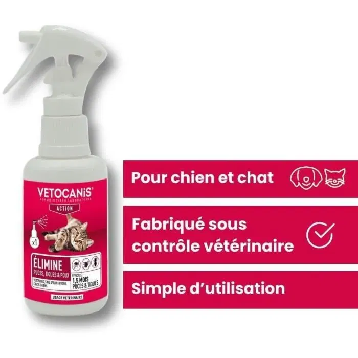 VETOCANIS Spray Anti-Puces et Tiques pour Chien et Chat à base de Fipronil 2,5 mg - Flacon Pulvérisateur de 100ml