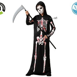 Déguisement Enfant Squelette Sanglant avec Capuche et Taches de Sang, Unisexe Taille 5-6 Ans, Polyester Noir pour Halloween