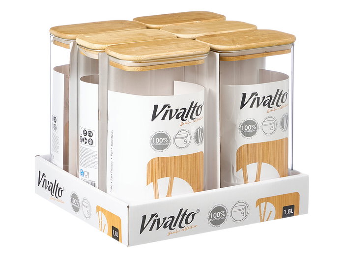 VIVALTO Lot de 12 Bocaux Rectangulaires en Borosilicate 1,8L avec Couvercle en Bambou