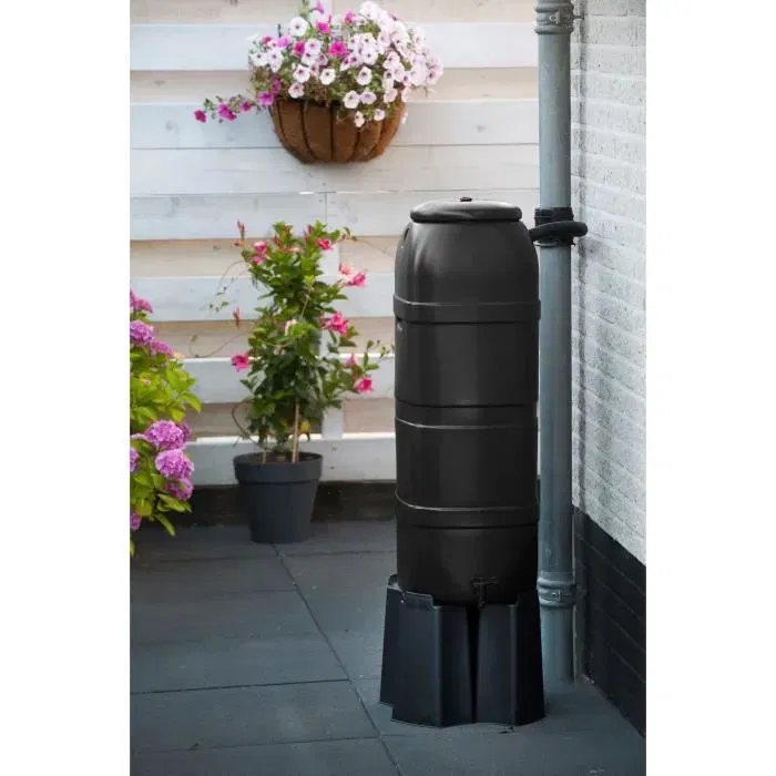 Nature Récupérateur d'Eau 100 Litres - Kit Complet avec Pied, Connecteur et Robinet - Colonne Noire Anti-UV - Fabriqué en Europe