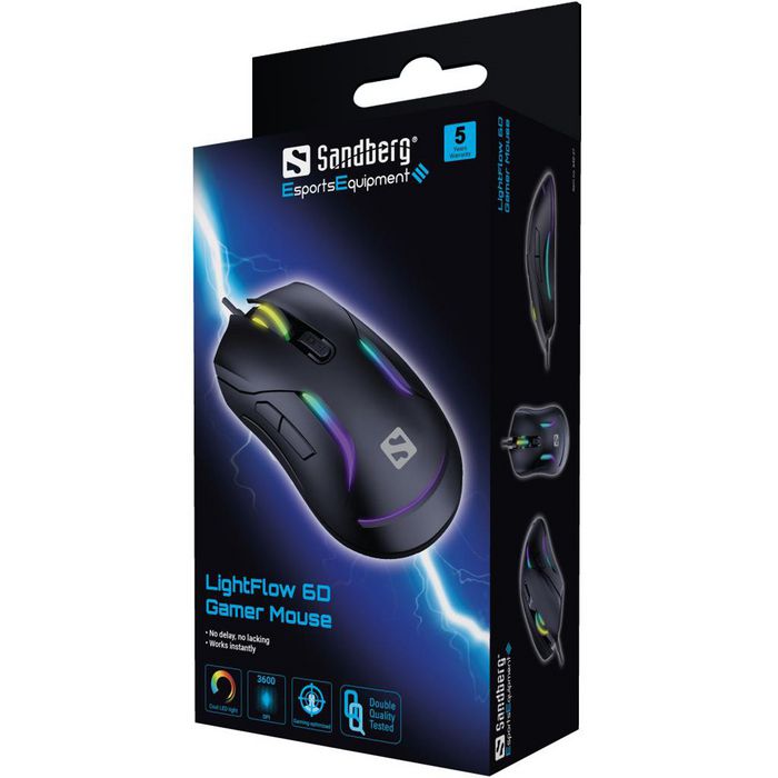 Sandberg LightFlow 6D Souris Gamer avec Rétroéclairage LED RGB, 7 Couleurs, Plug-and-Play USB, Design Ergonomique Sandberg LightFlow 6D Souris Gamer avec Rétroéclairage LED RGB, 7 Couleurs, Plug-and-Play USB, Design Ergonomique