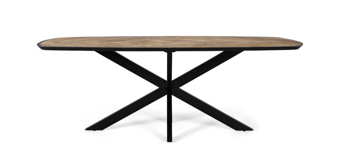 Giner y Colomer - Table à manger en bois de manguier 220 cm, structure en fer noir en X, plateau avec motif chevron et bordure foncée Giner y Colomer - Table à manger en bois de manguier 220 cm, structure en fer noir en X, plateau avec motif chevron et bordure foncée