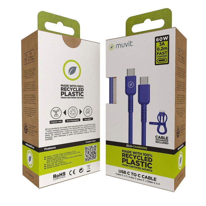 Câble USB-C vers USB-C Muvit for Change Bleu 0,2 m Câble USB-C vers USB-C Muvit for Change Bleu 0,2 m