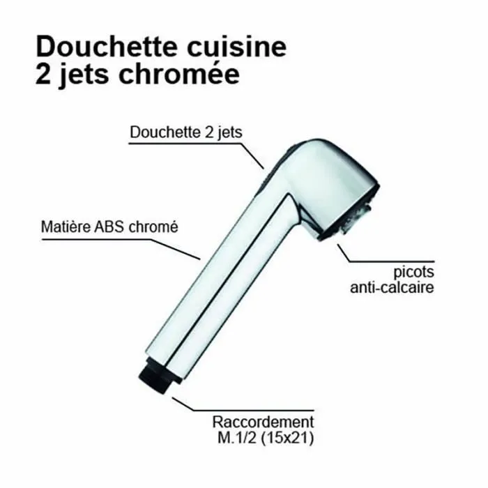 Douchette de cuisine Rousseau - Chromée - 2 jets (pluie et aéré) - Picots anti-calcaire - Raccordement standard M.1/2 - Pour mitigeur d'évier