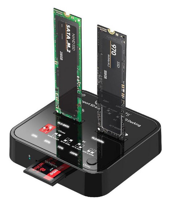 CoreParts Station d'accueil de clonage SSD M.2 SATA/NVMe USB3.2 Type-C avec lecteur de carte SD express CoreParts Station d'accueil de clonage SSD M.2 SATA/NVMe USB3.2 Type-C avec lecteur de carte SD express