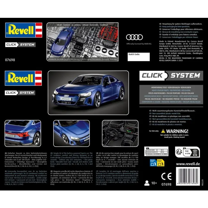 Revell - Maquette à construire 1:24 - Audi RS E-Tron GT - Click & Clean System - Pièces pré-peintes - Sans colle - Détails réalistes