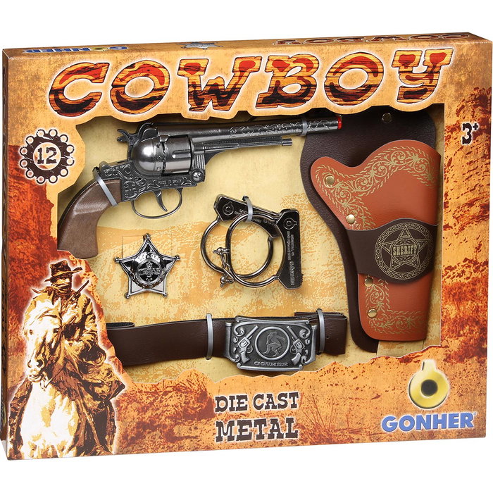 Gonher Set Revolver Cowboy 235/0 - Pistolet métal, cartouchière avec ceinture, menottes et étoile de shérif - Utilise fulminants 12 coups Gonher Set Revolver Cowboy 235/0 - Pistolet métal, cartouchière avec ceinture, menottes et étoile de shérif - Utilise fulminants 12 coups