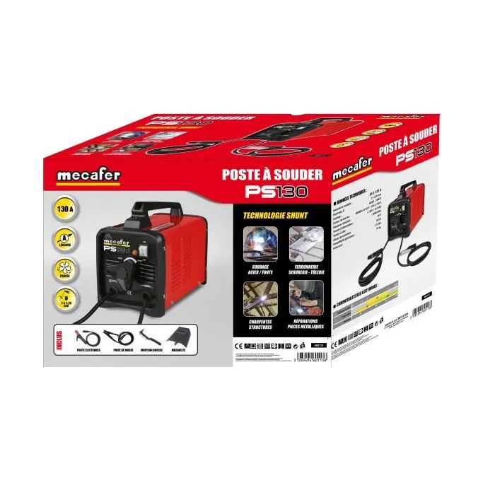 Mecafer PS130 - Poste à souder à l'arc MMA (Shunt) 130 A, sans fil 230 V, pour électrodes jusqu'à 3.25 mm Mecafer PS130 - Poste à souder à l'arc MMA (Shunt) 130 A, sans fil 230 V, pour électrodes jusqu'à 3.25 mm