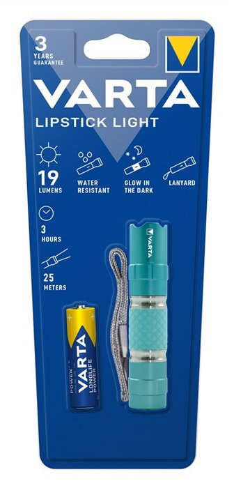 Varta 16617301421 Mini Lampe Torche en Aluminium Turquoise LIPSTICK LIGHT avec Pile AA
