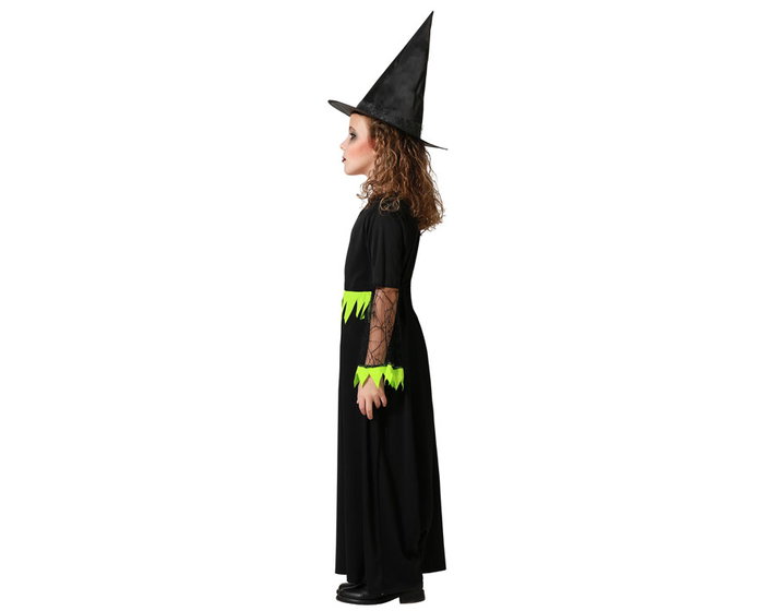 Déguisement Enfant Sorcière Costume Robe Longue Vert et Noir avec Chapeau Pointu pour Halloween Filles 7-9 Ans