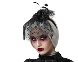 Serre-tête Halloween roses noires et voile à pois avec plumes