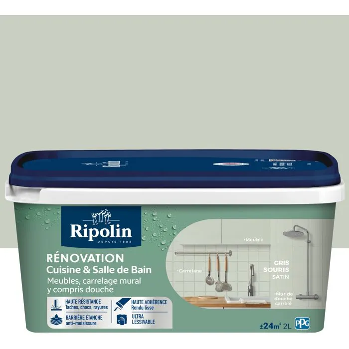 Ripolin - Peinture rénovation cuisine et salle de bain satinée - Gris souris - 2 litres - Haute résistance aux taches et lessivable