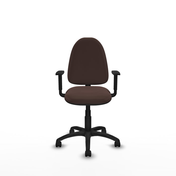 Chaise de bureau Aýna avec mécanisme de contact permanent de base, revêtue de simili cuir marron foncé. Équipée d'une base en polyamide noir, d'accoudoirs 1D et de roulettes en nylon de 50 mm
