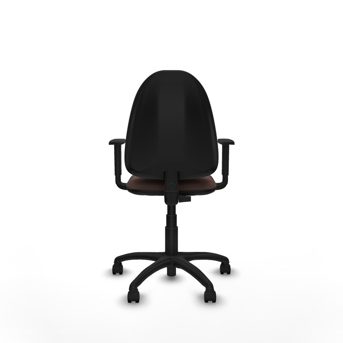 Chaise de bureau Aýna avec mécanisme de contact permanent de base, revêtue de simili cuir marron foncé. Équipée d'une base en polyamide noir, d'accoudoirs 1D et de roulettes en nylon de 50 mm