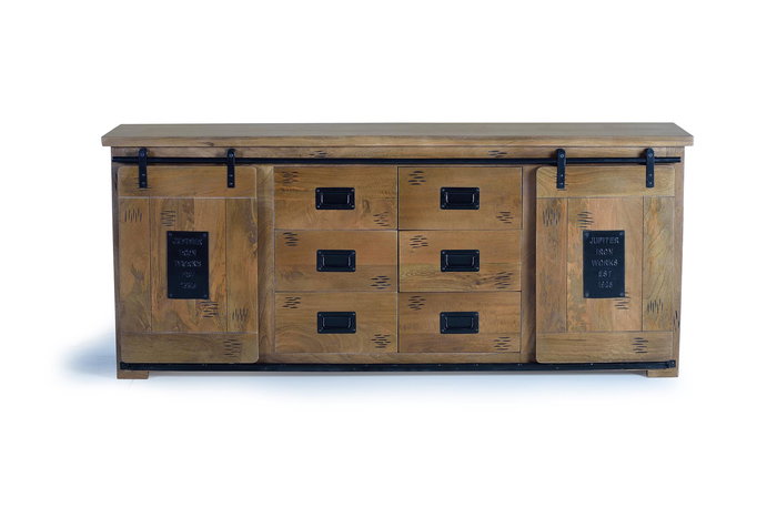GINER Y COLOMER Buffet en Bois d'Acacia et Métal Style Industriel 2 Portes Coulissantes 6 Tiroirs Dimensions 80 x 190 x 45 cm Couleur Naturel