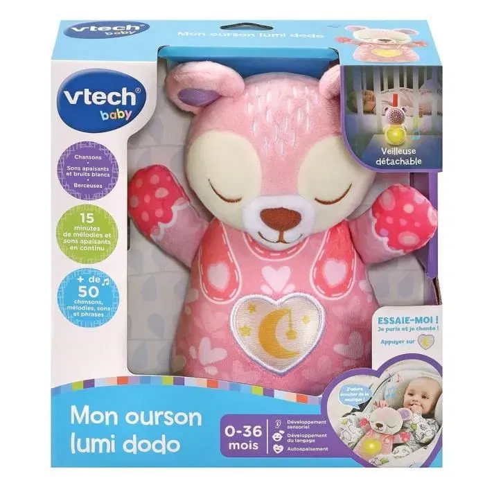 Vtech Baby - Mon Ourson Lumi Dodo Rose - Peluche d'éveil lumineuse et musicale 3 en 1 pour l'apaisement des bébés dès 3 mois