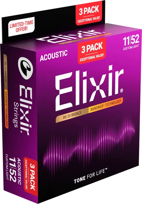 Elixir Pack 3 Jeux de Cordes Acoustique Nanoweb 80/20 Bronze Custom Light 11-52