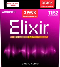 Elixir Pack 3 Jeux de Cordes Acoustique Nanoweb 80/20 Bronze Custom Light 11-52