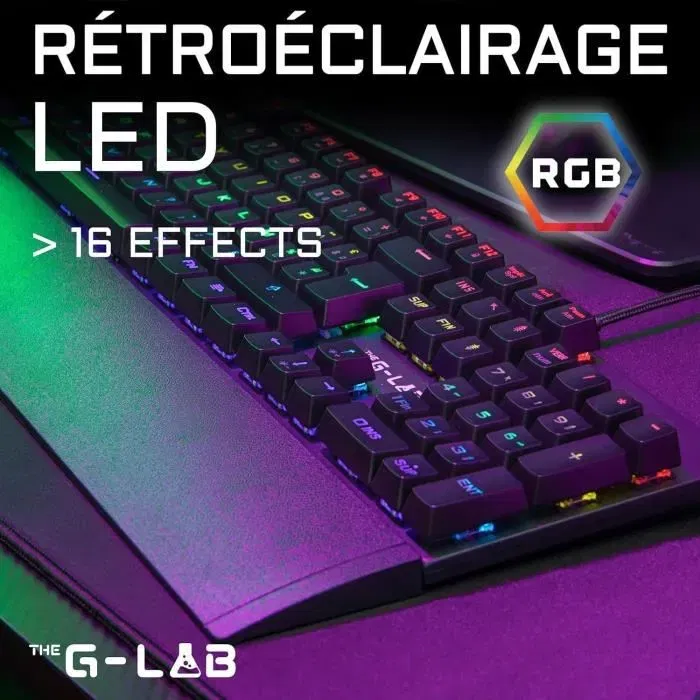 The G-Lab KEYZ CARBON E - Clavier gamer mécanique rétroéclairé RGB - Switch Bleu - Format low profile - Repose-poignet intégré - Version FR - Noir