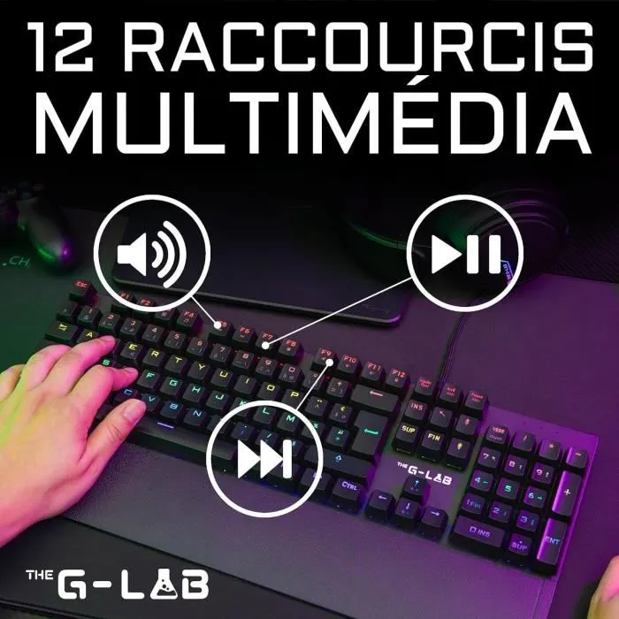 The G-Lab KEYZ CARBON E - Clavier gamer mécanique rétroéclairé RGB - Switch Bleu - Format low profile - Repose-poignet intégré - Version FR - Noir