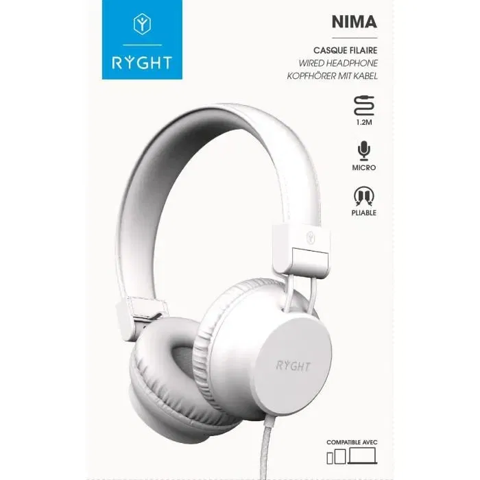 RYGHT Casque Filaire NIMA Blanc Nacré - Son Haute Qualité, Pliable - Connexion Jack 3.5mm - Pour Mélomanes RYGHT Casque Filaire NIMA Blanc Nacré - Son Haute Qualité, Pliable - Connexion Jack 3.5mm - Pour Mélomanes