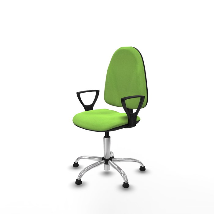 Chaise de bureau Algarra avec mécanisme de contact permanent de base, recouverte de tissu couleur pistache. Équipée d'une base chromée, d'accoudoirs fixes et de butées