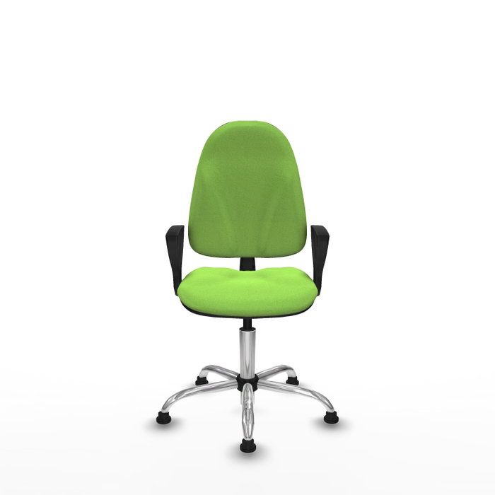 Chaise de bureau Algarra avec mécanisme de contact permanent de base, recouverte de tissu couleur pistache. Équipée d'une base chromée, d'accoudoirs fixes et de butées