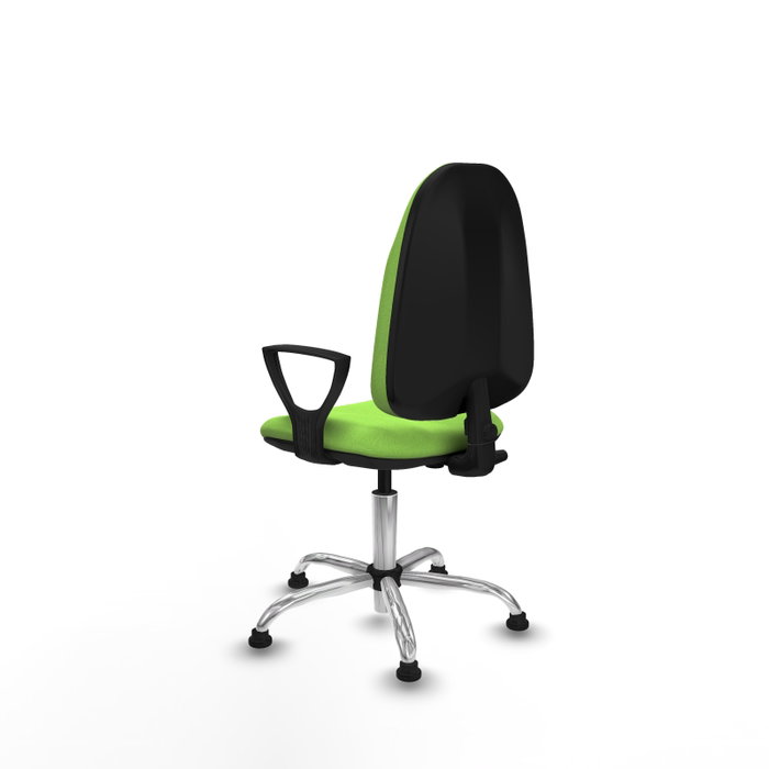 Chaise de bureau Algarra avec mécanisme de contact permanent de base, recouverte de tissu couleur pistache. Équipée d'une base chromée, d'accoudoirs fixes et de butées