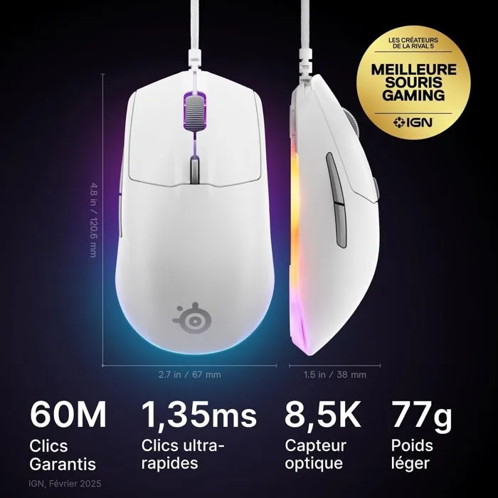 Steelseries Souris Gaming Filaire Rival 3 Gen 2 - Blanc, Capteur TrueMove Core 8.5K DPI, RGB 3 zones, 77g