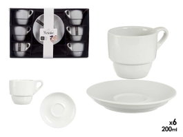 VESSIA Set de 6 tasses à café en porcelaine blanche avec soucoupes 200ml