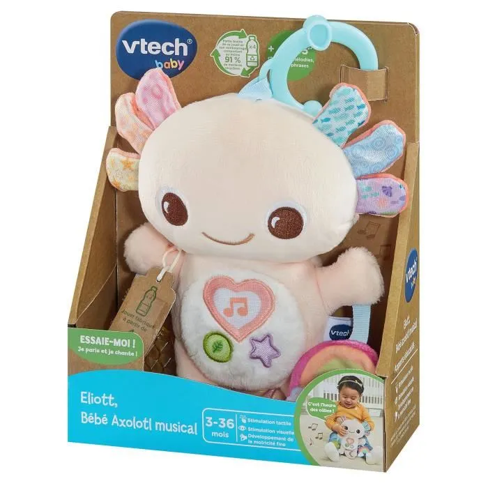 Vtech Baby Eliott Bébé Axolotl Musical - Peluche Interactive avec Hochet et Sons Nature - Bouteilles Recyclées - 3-36 Mois