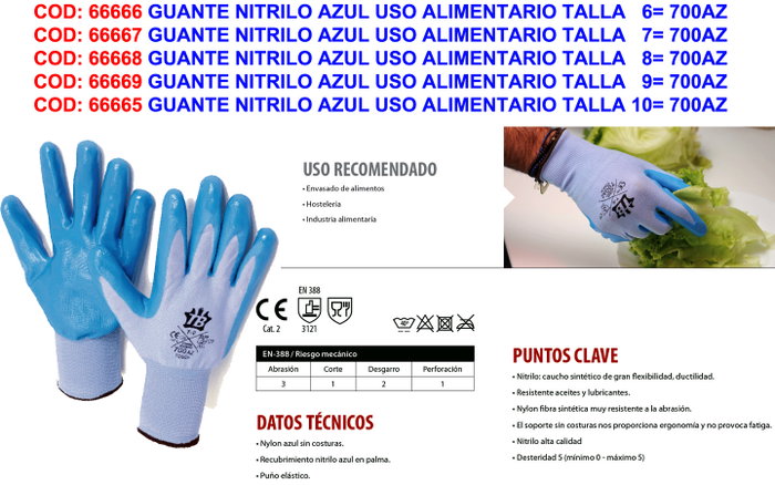 Gants en nitrile bleu pour usage alimentaire taille 6 700AZ TOUCH Gants en nitrile bleu pour usage alimentaire taille 6 700AZ TOUCH