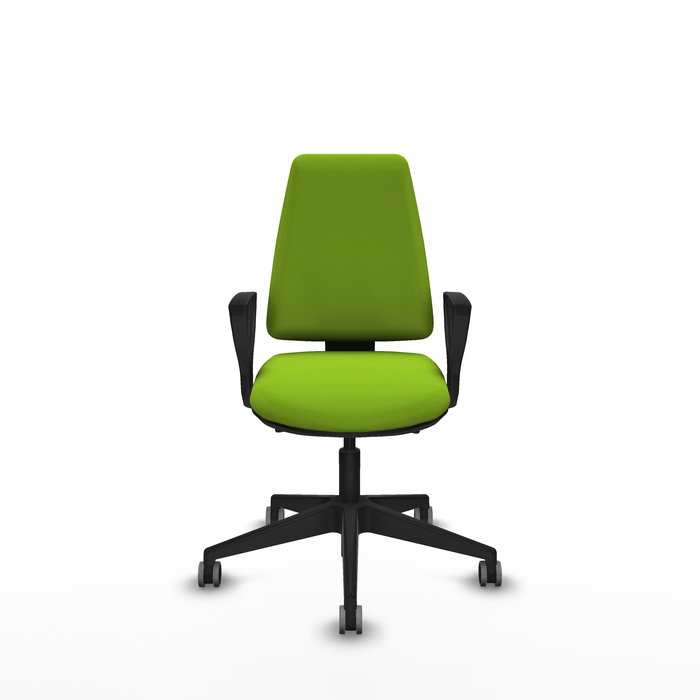 Chaise Elche Asynchrone Cuir écologique Vert pistache Base pyramidale noire Accoudoirs fixes Sans appui-tête Roulettes 65mm pour moquette