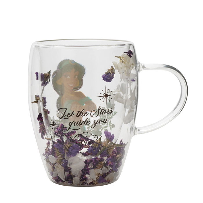 Disney Jasmine - Tasse en cristal transparent avec motif de Princesse et fleurs séchées, illustration de personnage et papillons - Taza cristal flores secas Jasmine Princesas Disney Jasmine - Tasse en cristal transparent avec motif de Princesse et fleurs séchées, illustration de personnage et papillons - Taza cristal flores secas Jasmine Princesas