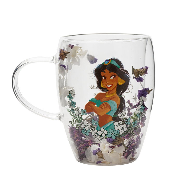 Disney Jasmine - Tasse en cristal transparent avec motif de Princesse et fleurs séchées, illustration de personnage et papillons - Taza cristal flores secas Jasmine Princesas Disney Jasmine - Tasse en cristal transparent avec motif de Princesse et fleurs séchées, illustration de personnage et papillons - Taza cristal flores secas Jasmine Princesas