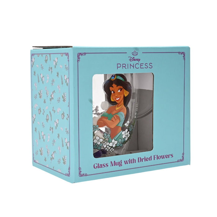 Disney Jasmine - Tasse en cristal transparent avec motif de Princesse et fleurs séchées, illustration de personnage et papillons - Taza cristal flores secas Jasmine Princesas Disney Jasmine - Tasse en cristal transparent avec motif de Princesse et fleurs séchées, illustration de personnage et papillons - Taza cristal flores secas Jasmine Princesas