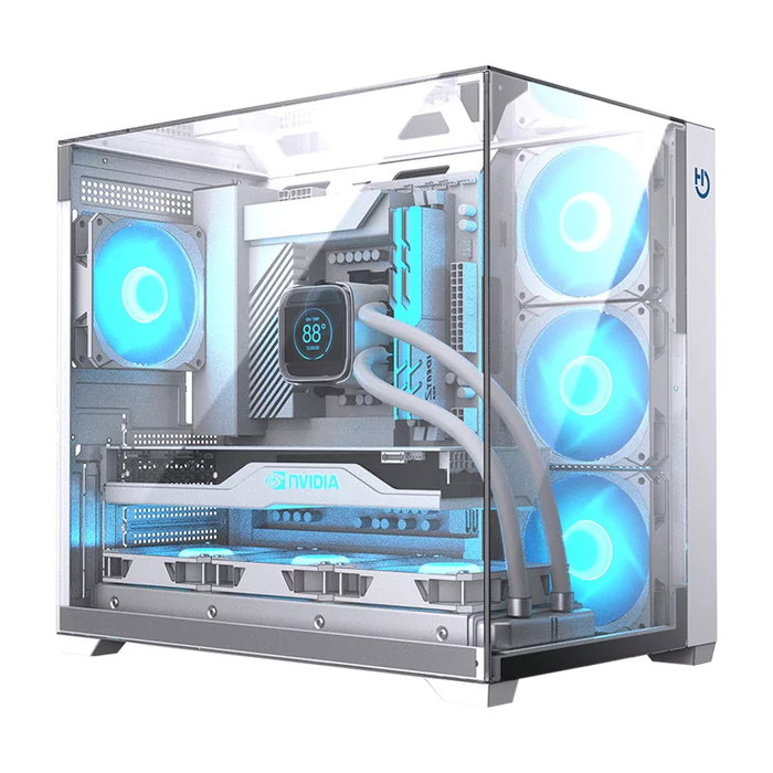 Hiditec Boîtier PC Gaming ATX Sky White, double vitre trempée, USB 3.1 Type-C, jusqu'à 360 mm
