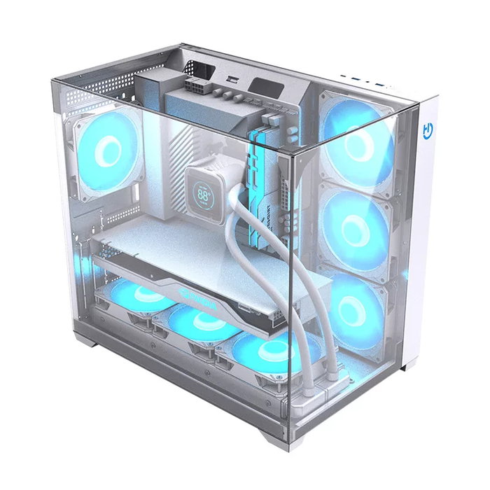 Hiditec Boîtier PC Gaming ATX Sky White, double vitre trempée, USB 3.1 Type-C, jusqu'à 360 mm