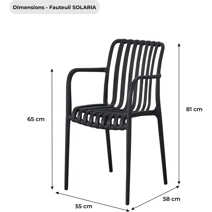SOLARIA - Lot de 4 fauteuils de jardin empilables - Polypropylène renforcé fibres de verre - Traitement anti-UV - Noir - 55x58x81 cm