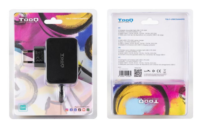 Tooq TQLC Chargeur mural 45 W GaN USB-C Power Delivery pour ordinateur portable, universel, noir, longueur de câble 1,8 m