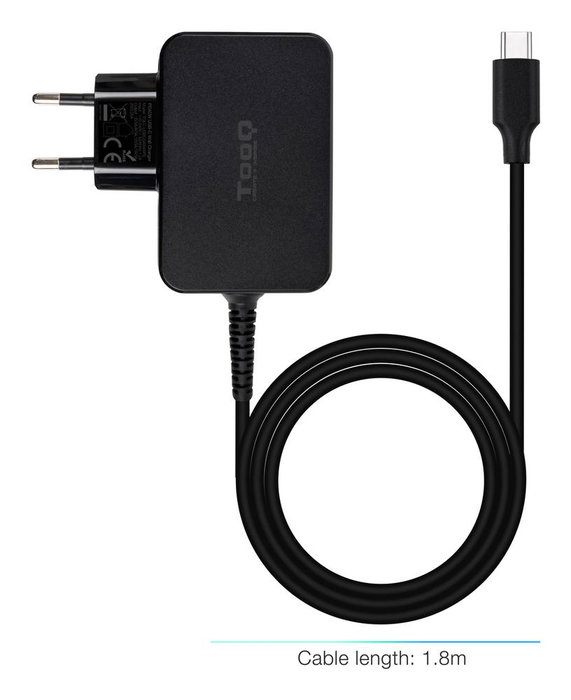 Tooq TQLC Chargeur mural 45 W GaN USB-C Power Delivery pour ordinateur portable, universel, noir, longueur de câble 1,8 m